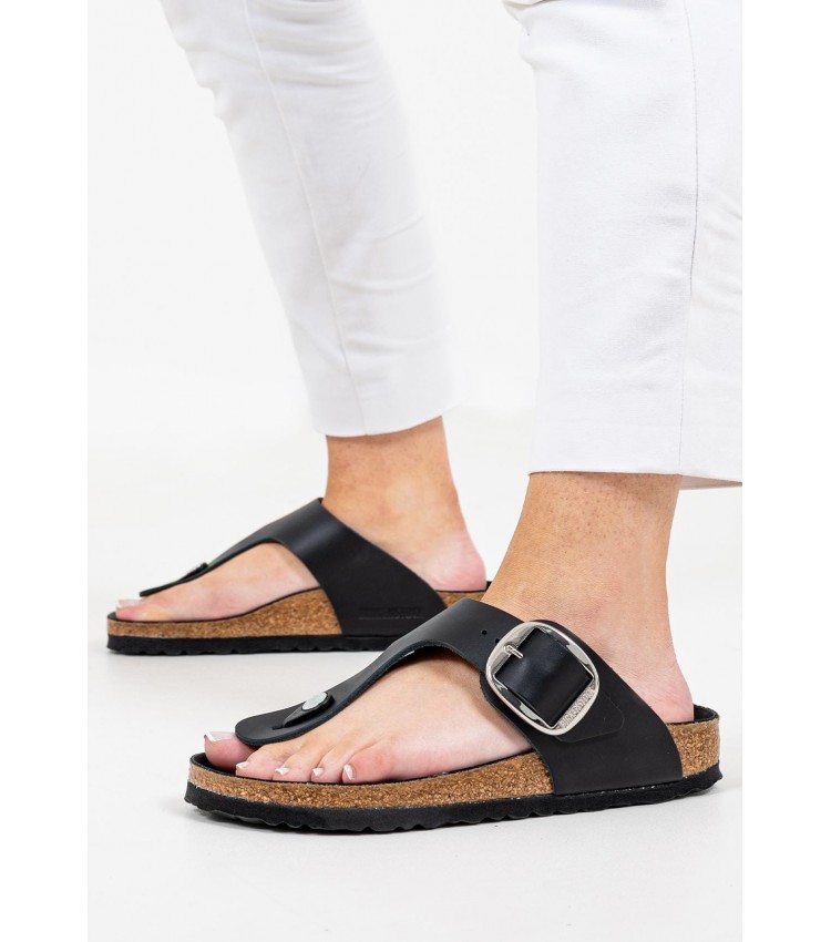 Γυναικεία Flats Gizeh.Big.Buckle Μαύρο Δέρμα Birkenstock