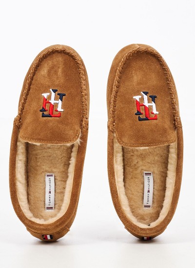 Γυνακεία Παντόφλες Σπιτιού Moccasin.Slip Ταμπά Δέρμα Καστόρι Tommy Hilfiger