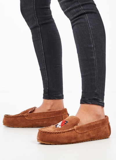 Γυνακεία Παντόφλες Σπιτιού Moccasin.Slip Ταμπά Δέρμα Καστόρι Tommy Hilfiger