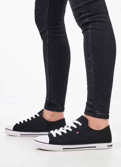 Women Casual Shoes Black.Laceup Black Fabric Tommy Hilfiger