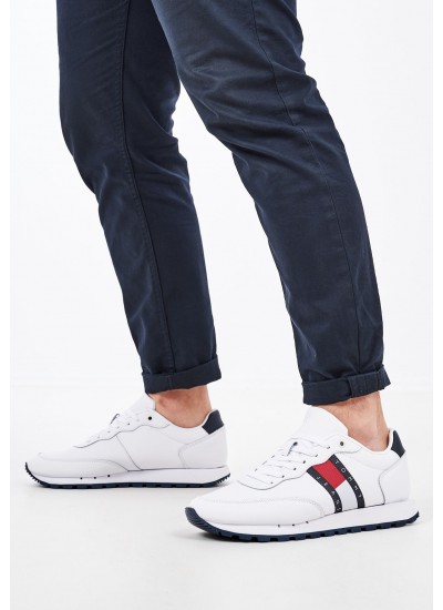 Ανδρικά Παπούτσια Casual Jeans.Runner Άσπρο Δέρμα Tommy Hilfiger