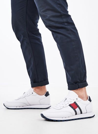 Ανδρικά Παπούτσια Casual Jeans.Runner Άσπρο Δέρμα Tommy Hilfiger