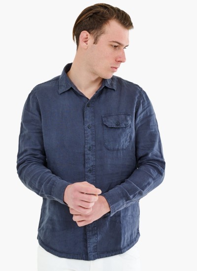 Ανδρικά Πουκάμισα Garment.Linen Σκούρο Μπλε Λινό Replay