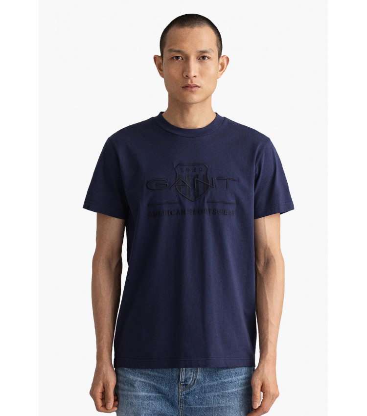 Men T-Shirts Tonal.Shield DarkBlue Cotton GANT
