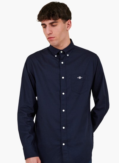 Ανδρικά Πουκάμισα Linen.Shirt Σκούρο Μπλε Βαμβάκι GANT
