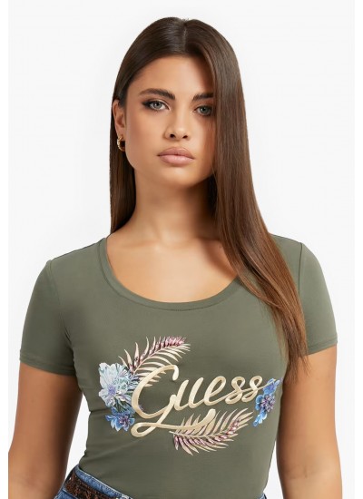 Women T-Shirts - Tops Embelish Green Cotton Guess