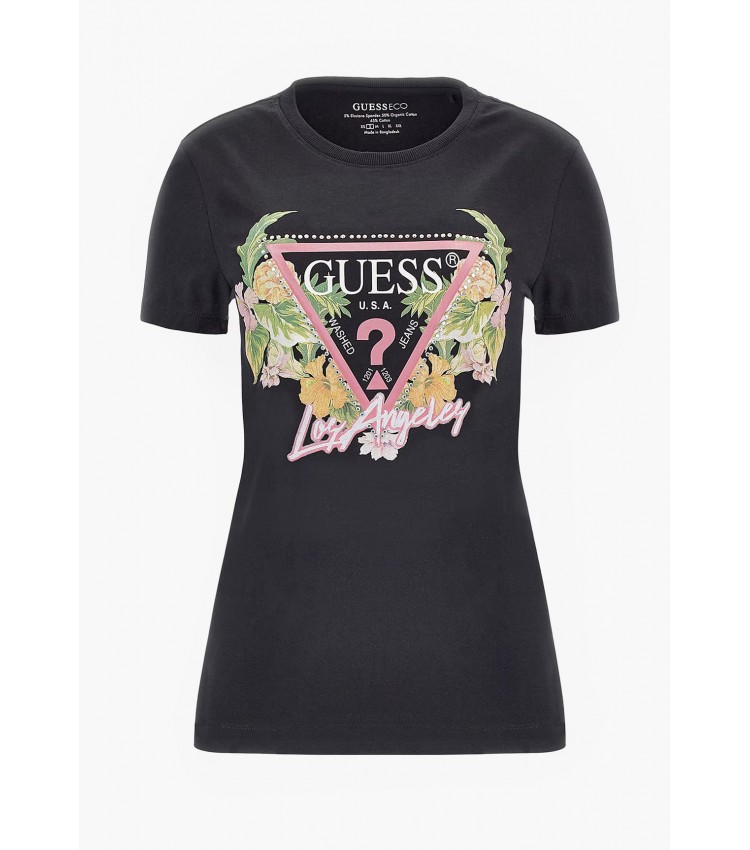Women T-Shirts - Tops Flowers.Triangle Black Cotton Guess