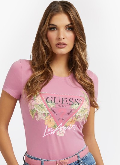 Γυναικείες Μπλούζες - Τοπ Flowers.Triangle Ροζ Βαμβάκι Guess