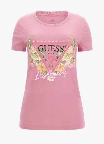 Γυναικείες Μπλούζες - Τοπ Flowers.Triangle Ροζ Βαμβάκι Guess