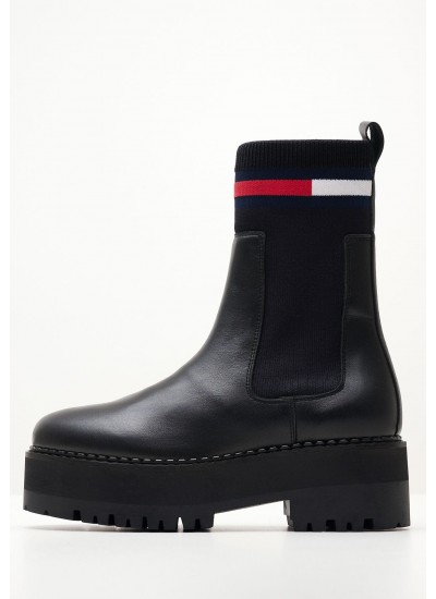 Γυναικεία Μποτάκια Chelsea.Sock Μαύρο Δέρμα Tommy Hilfiger