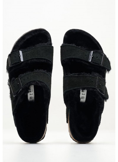 Γυναικεία Flats Arizona.Shearling Μαύρο Δέρμα Καστόρι Birkenstock