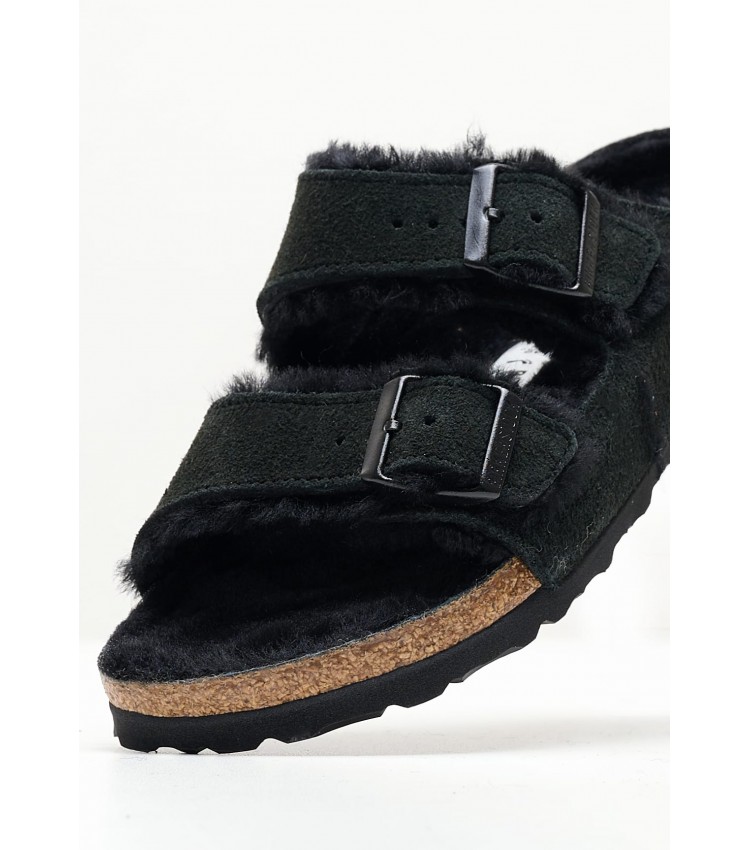 Γυναικεία Flats Arizona.Shearling Μαύρο Δέρμα Καστόρι Birkenstock