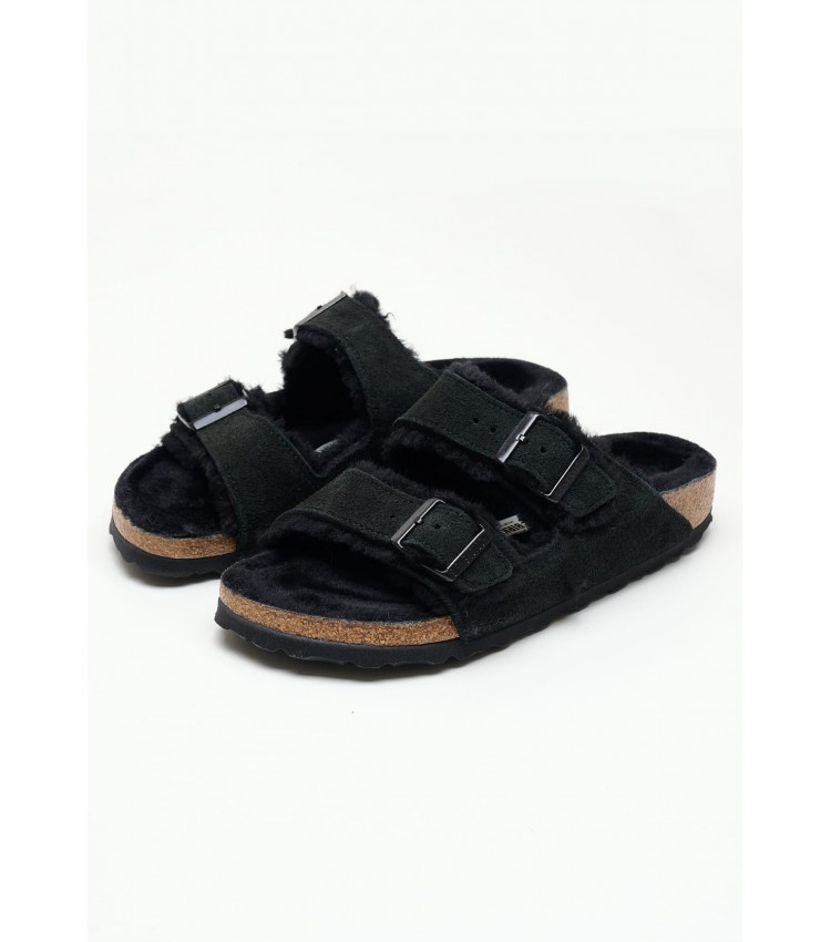 Women Flats Arizona.Shearling Black Buckskin Birkenstock