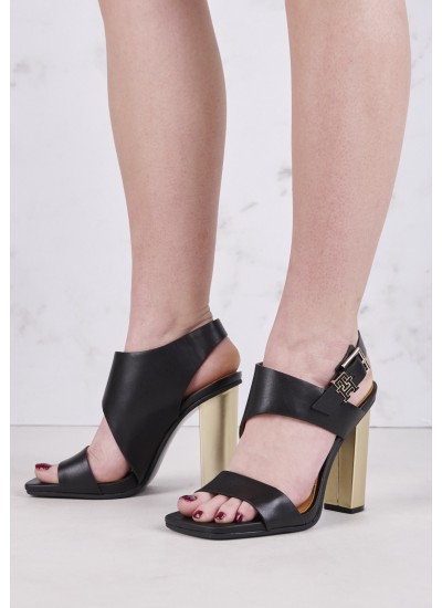 Women Sandals Block.Highheel Black Leather Tommy Hilfiger