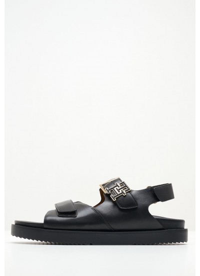 Women Flats Hardware.Sandal Black Leather Tommy Hilfiger