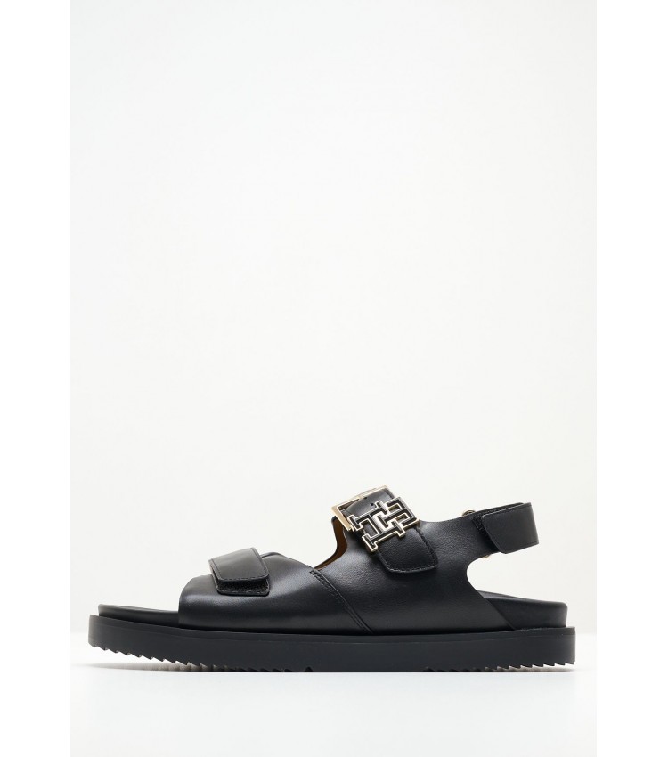 Women Flats Hardware.Sandal Black Leather Tommy Hilfiger