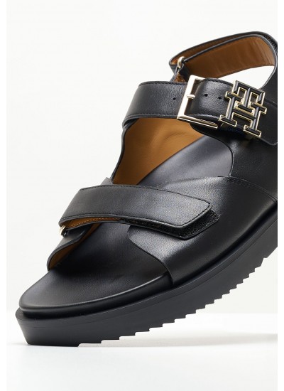 Γυναικεία Flats Hardware.Sandal Μαύρο Δέρμα Tommy Hilfiger