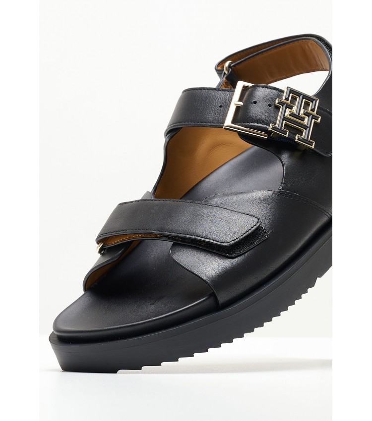 Women Flats Hardware.Sandal Black Leather Tommy Hilfiger