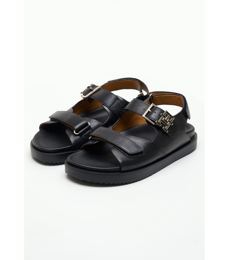 Women Flats Hardware.Sandal Black Leather Tommy Hilfiger