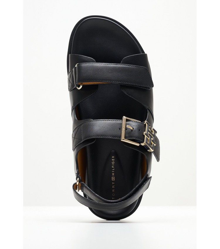 Women Flats Hardware.Sandal Black Leather Tommy Hilfiger