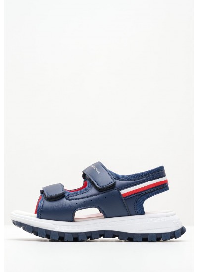 Παιδικές Σαγιονάρες & Πέδιλα Velcro.Stripes Μπλε ECOleather Tommy Hilfiger