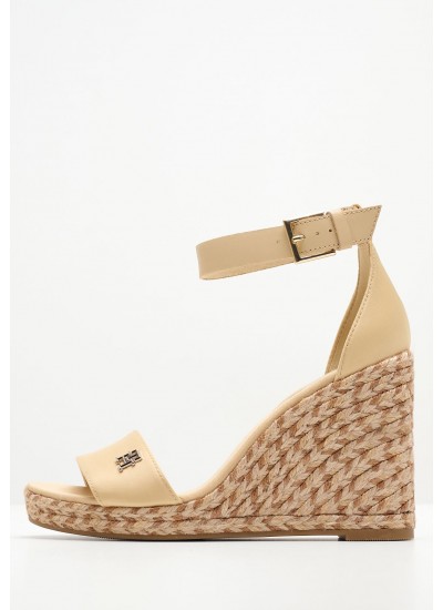 Women Platforms High Wedge.Satin Beige Fabric Tommy Hilfiger