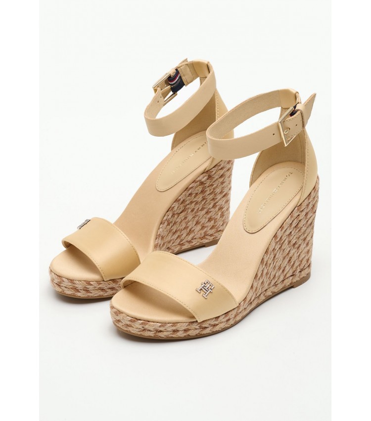 Women Platforms High Wedge.Satin Beige Fabric Tommy Hilfiger