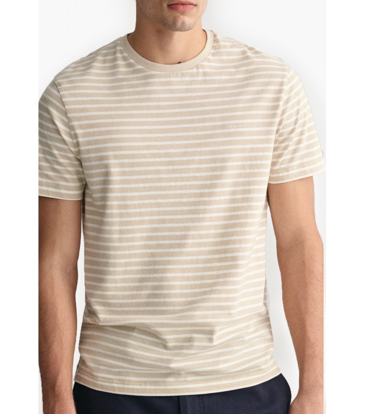 Men T-Shirts Striped.Shirt Beige Cotton GANT