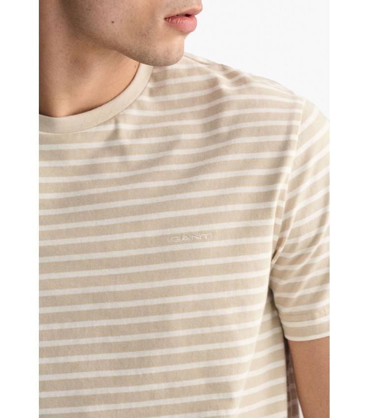 Men T-Shirts Striped.Shirt Beige Cotton GANT