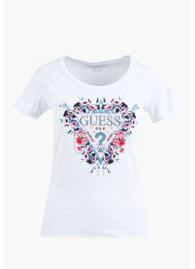 Women T-Shirts - Tops Flowers.D White Cotton Guess