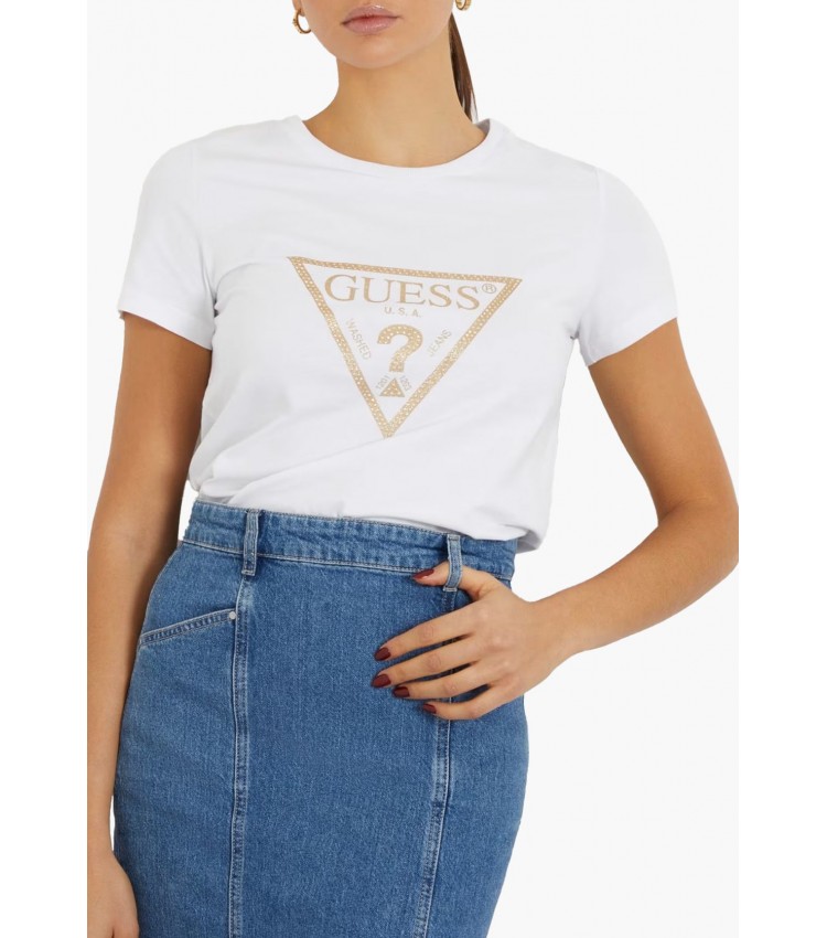 Women T-Shirts - Tops Gold.Triangle White Cotton Guess