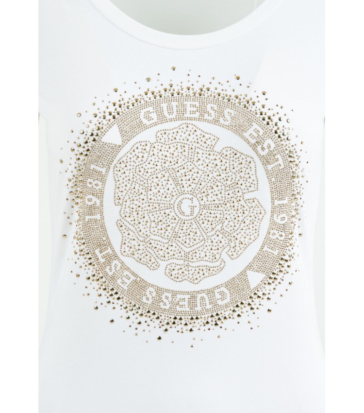 Women T-Shirts - Tops Round.Camel White Cotton Guess