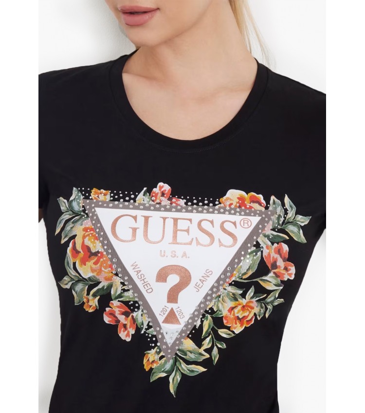 Women T-Shirts - Tops Triangle.Flowers Black Cotton Guess