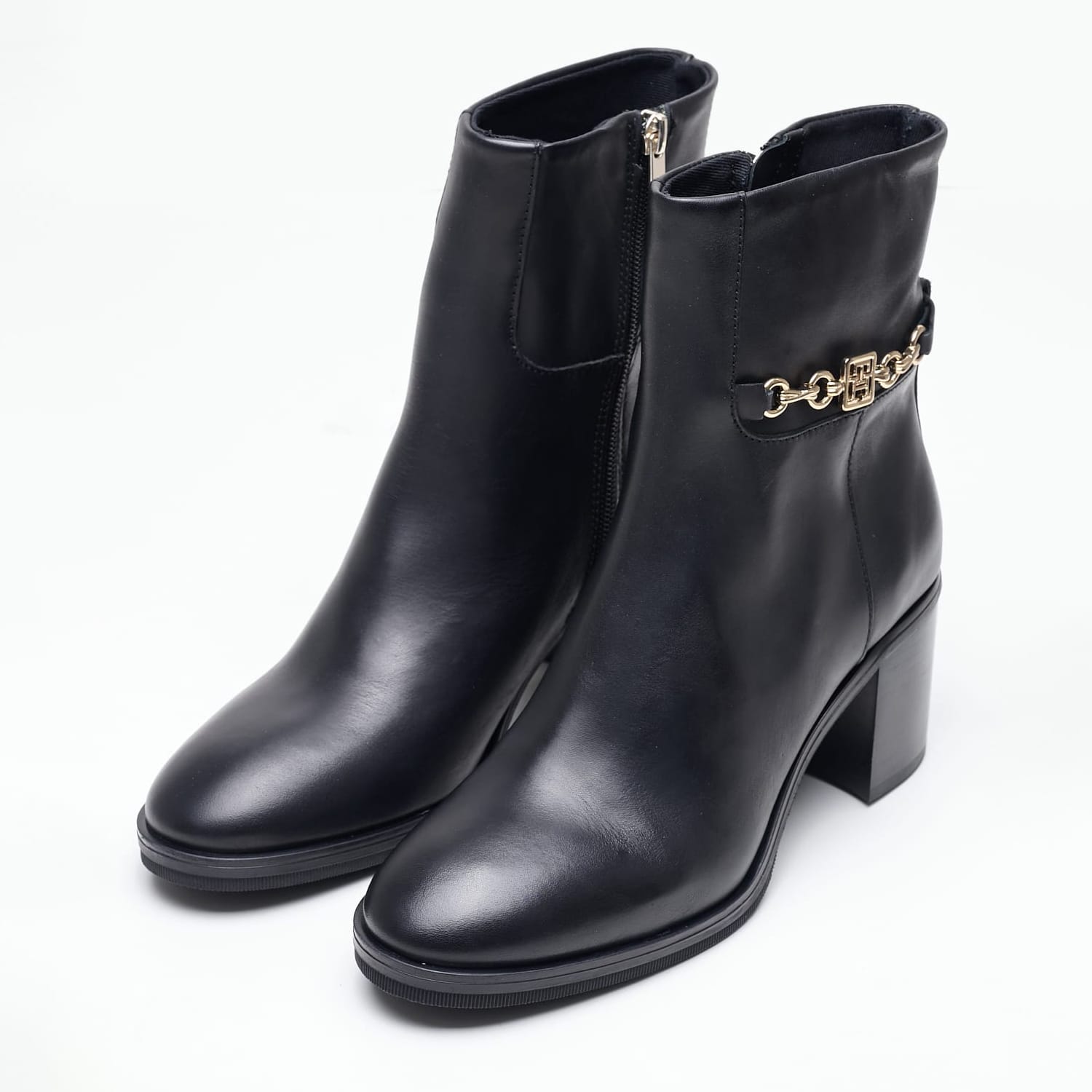 Women Boots Chain.Midbootie Black Leather Tommy Hilfiger