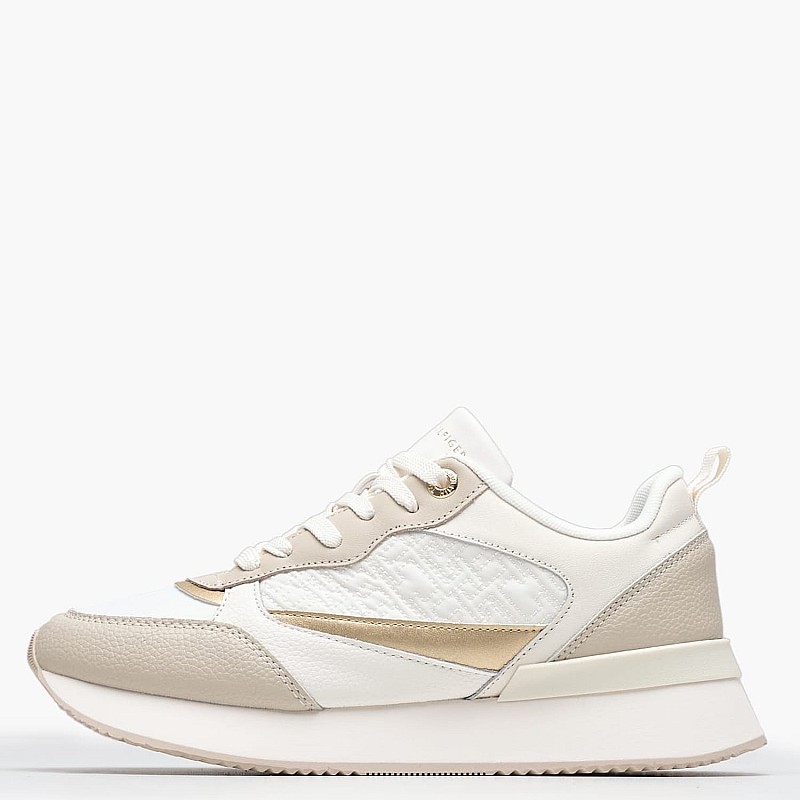Women Casual Shoes Monogram.Runner Beige Leather-Fabric Tommy Hilfiger