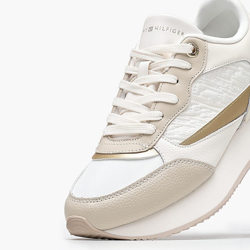 Women Casual Shoes Monogram.Runner Beige Leather-Fabric Tommy Hilfiger