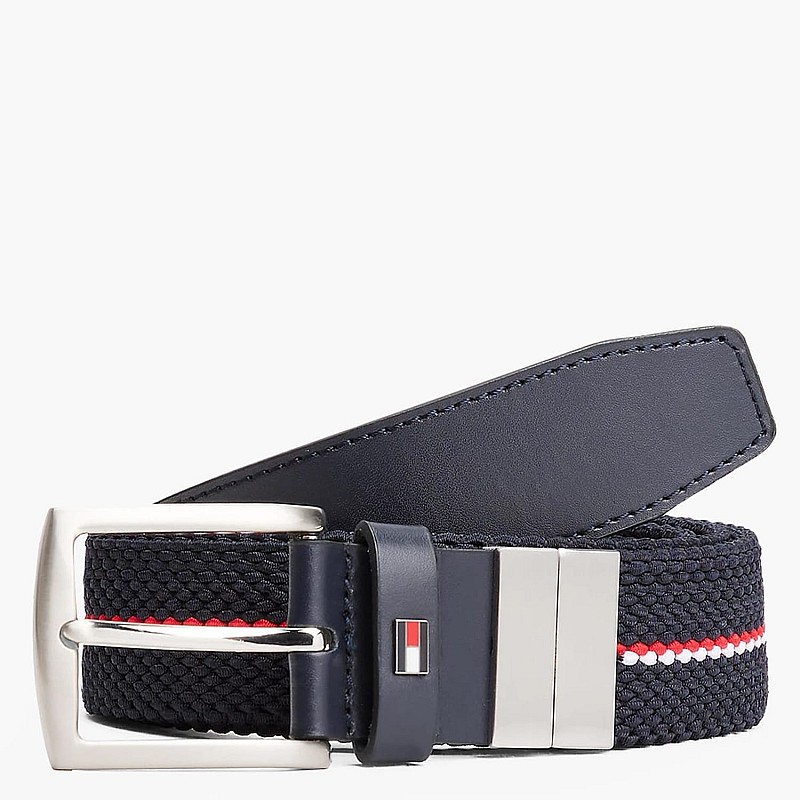 Men Belts Denton.Elastic Blue Leather-Fabric Tommy Hilfiger