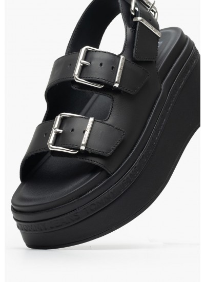Γυναικείες Πλατφόρμες Χαμηλές Wedge.Sandal Μαύρο Δέρμα Tommy Hilfiger