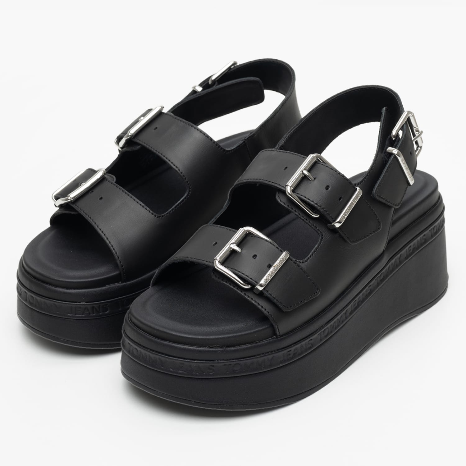 Women Platforms Low Wedge.Sandal Black Leather Tommy Hilfiger Women Platforms Low Wedge.Sandal Black Leather Tommy Hilfiger