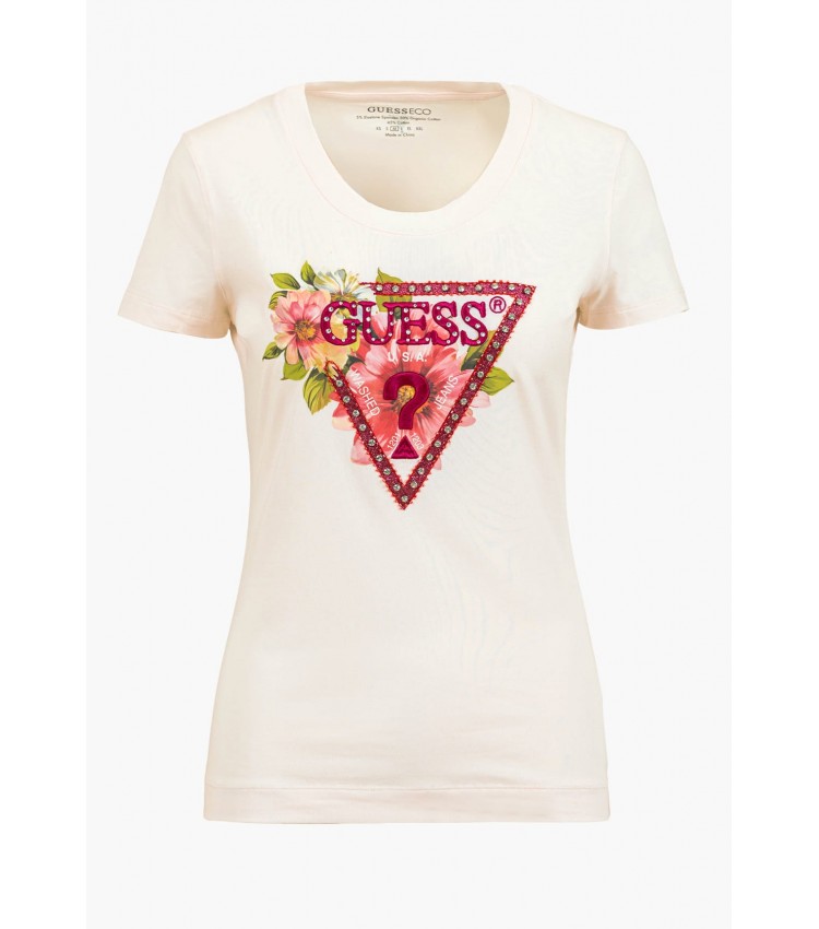 Γυναικείες Μπλούζες - Τοπ Beads.Triangle Μπεζ Βαμβάκι Guess Γυναικείες Μπλούζες - Τοπ Beads.Triangle Μπεζ Βαμβάκι Guess
