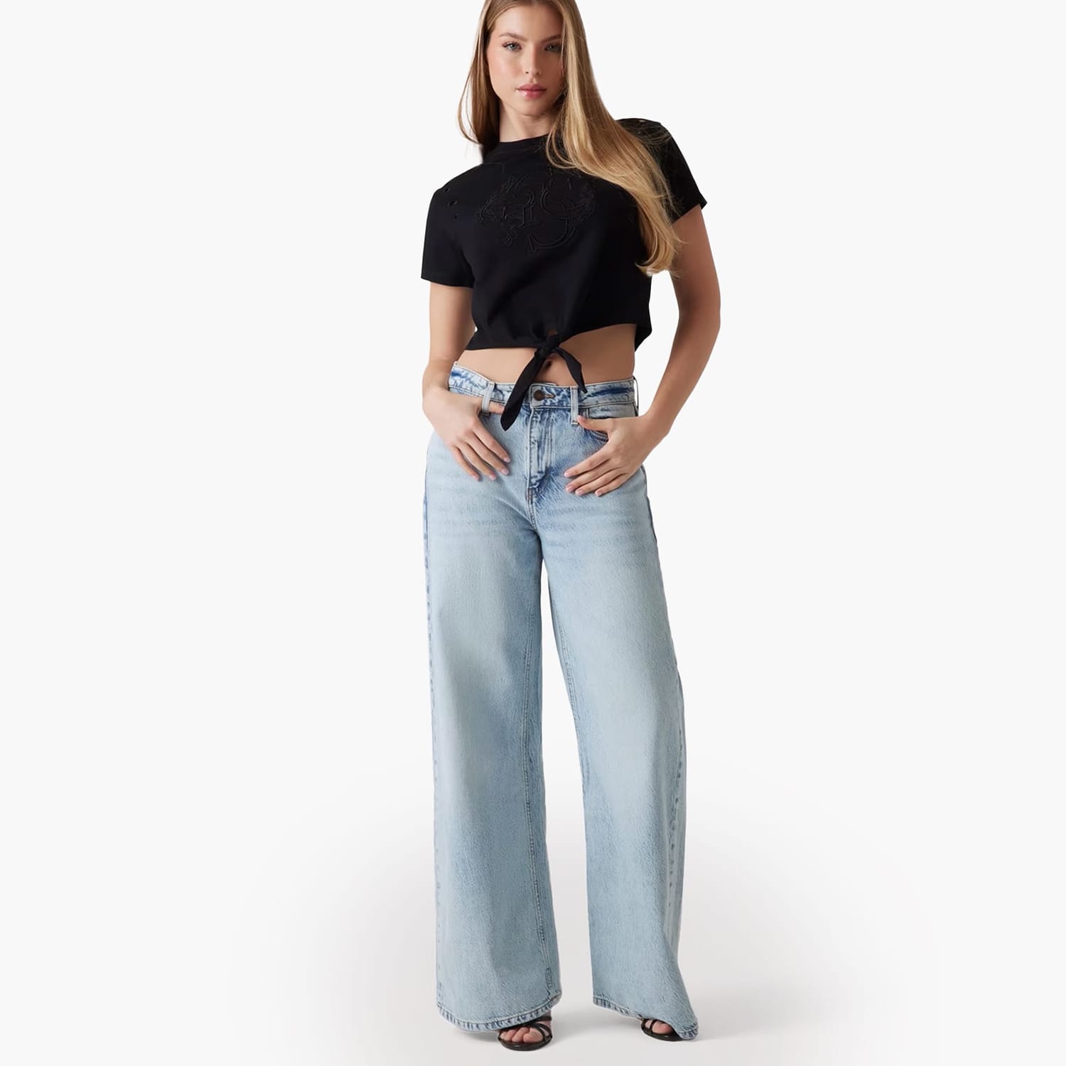 Γυναικείες Μπλούζες - Τοπ Eyelet.Tone Μαύρο Βαμβάκι Guess Γυναικείες Μπλούζες - Τοπ Eyelet.Tone Μαύρο Βαμβάκι Guess