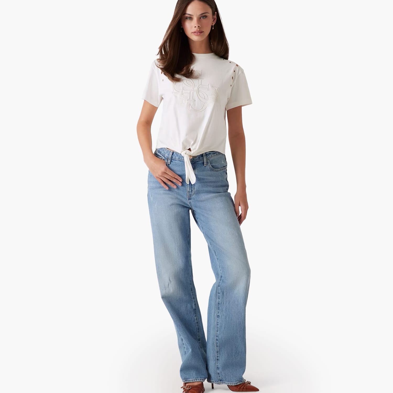Γυναικείες Μπλούζες - Τοπ Eyelet.Tone Μπεζ Βαμβάκι Guess Γυναικείες Μπλούζες - Τοπ Eyelet.Tone Μπεζ Βαμβάκι Guess