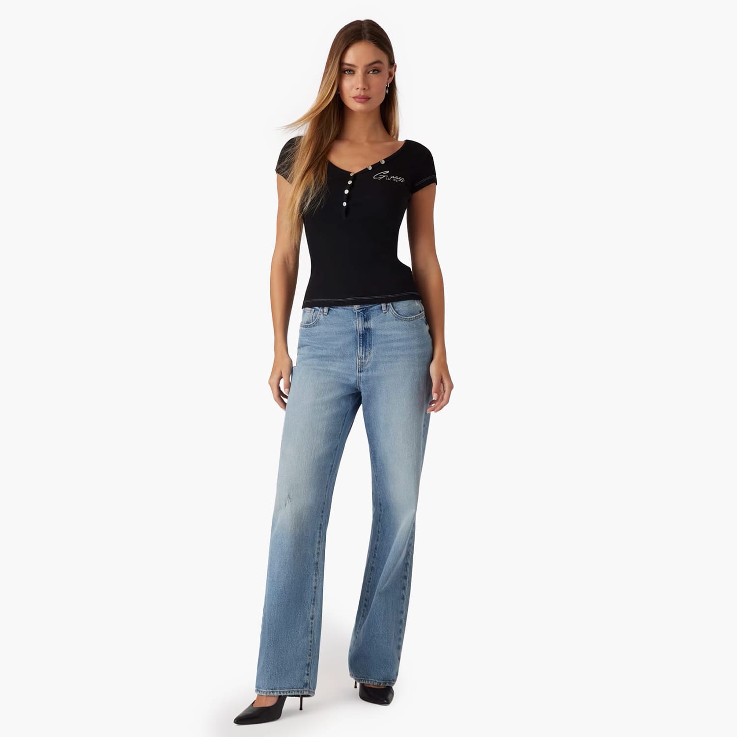 Γυναικείες Μπλούζες - Τοπ Henley.Olympia Μαύρο Βαμβάκι Guess Γυναικείες Μπλούζες - Τοπ Henley.Olympia Μαύρο Βαμβάκι Guess
