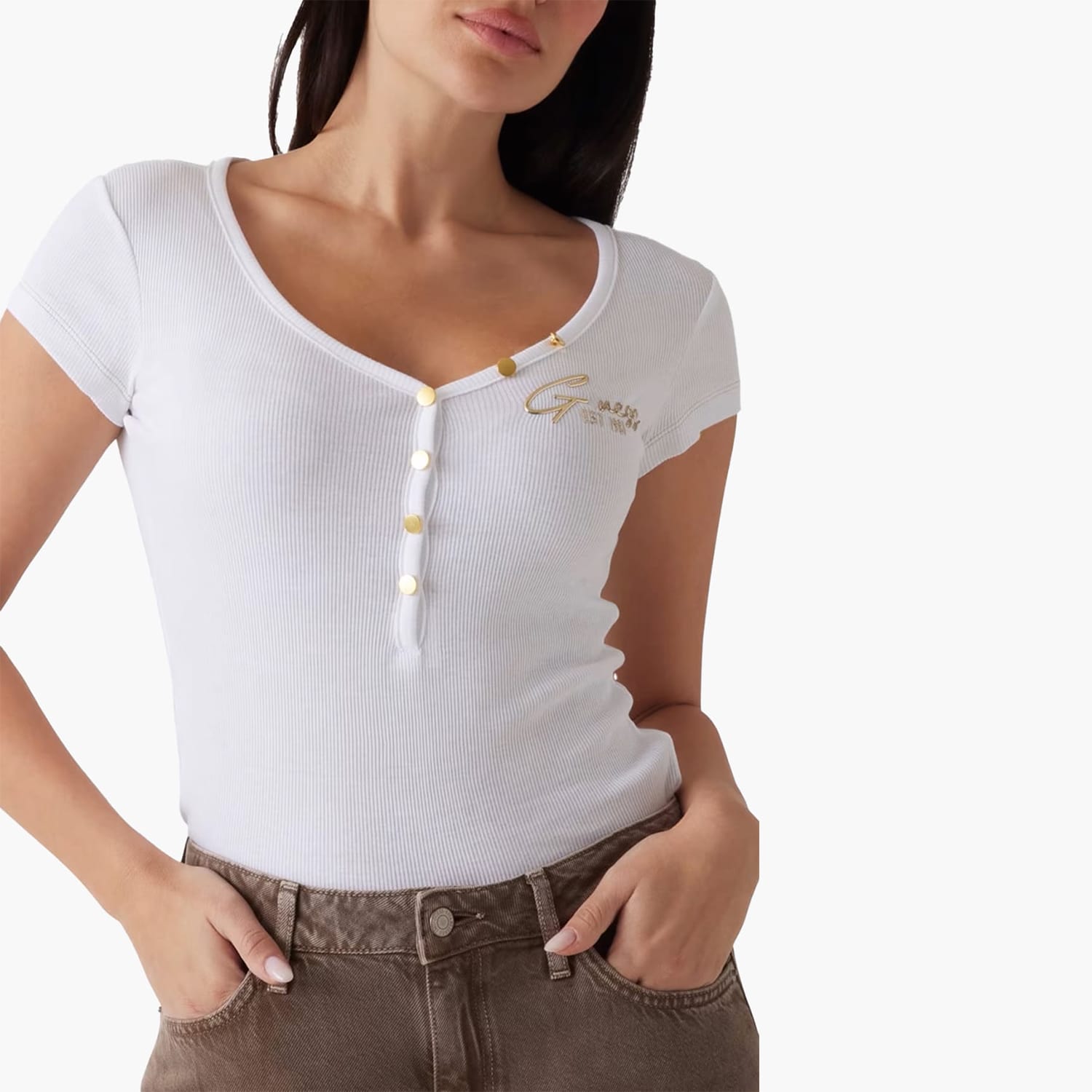 Γυναικείες Μπλούζες - Τοπ Henley.Olympia Άσπρο Βαμβάκι Guess