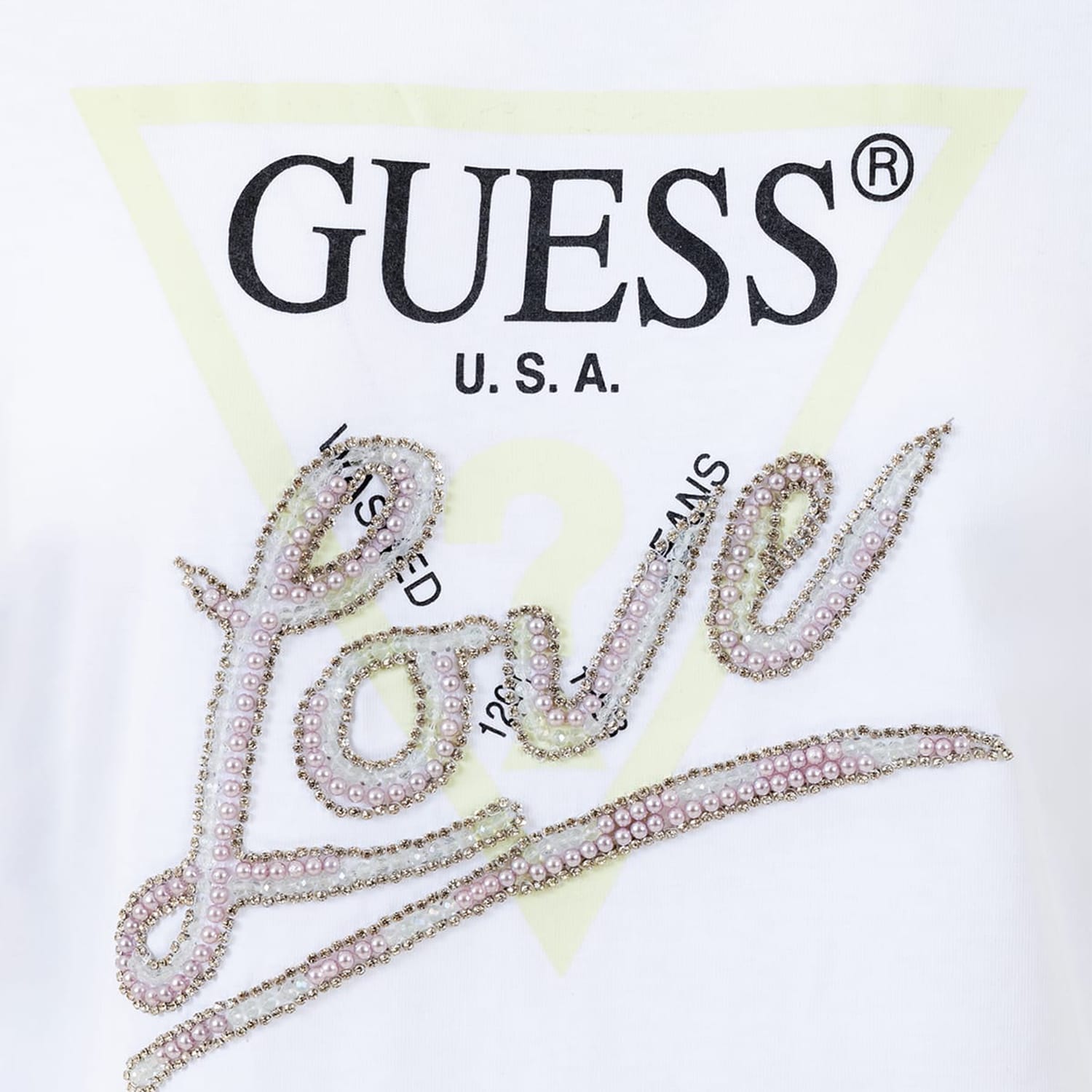Γυναικείες Μπλούζες - Τοπ Love.Triangle Άσπρο Βαμβάκι Guess Γυναικείες Μπλούζες - Τοπ Love.Triangle Άσπρο Βαμβάκι Guess