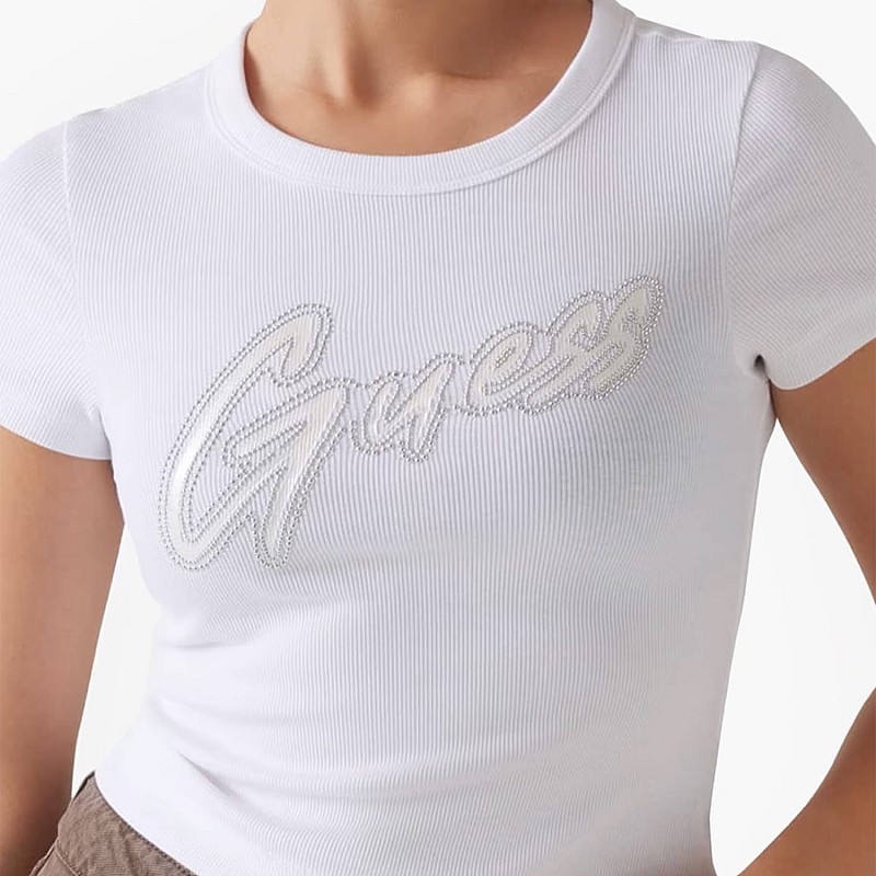Γυναικείες Μπλούζες - Τοπ Rib.Tee Άσπρο Βαμβάκι Guess