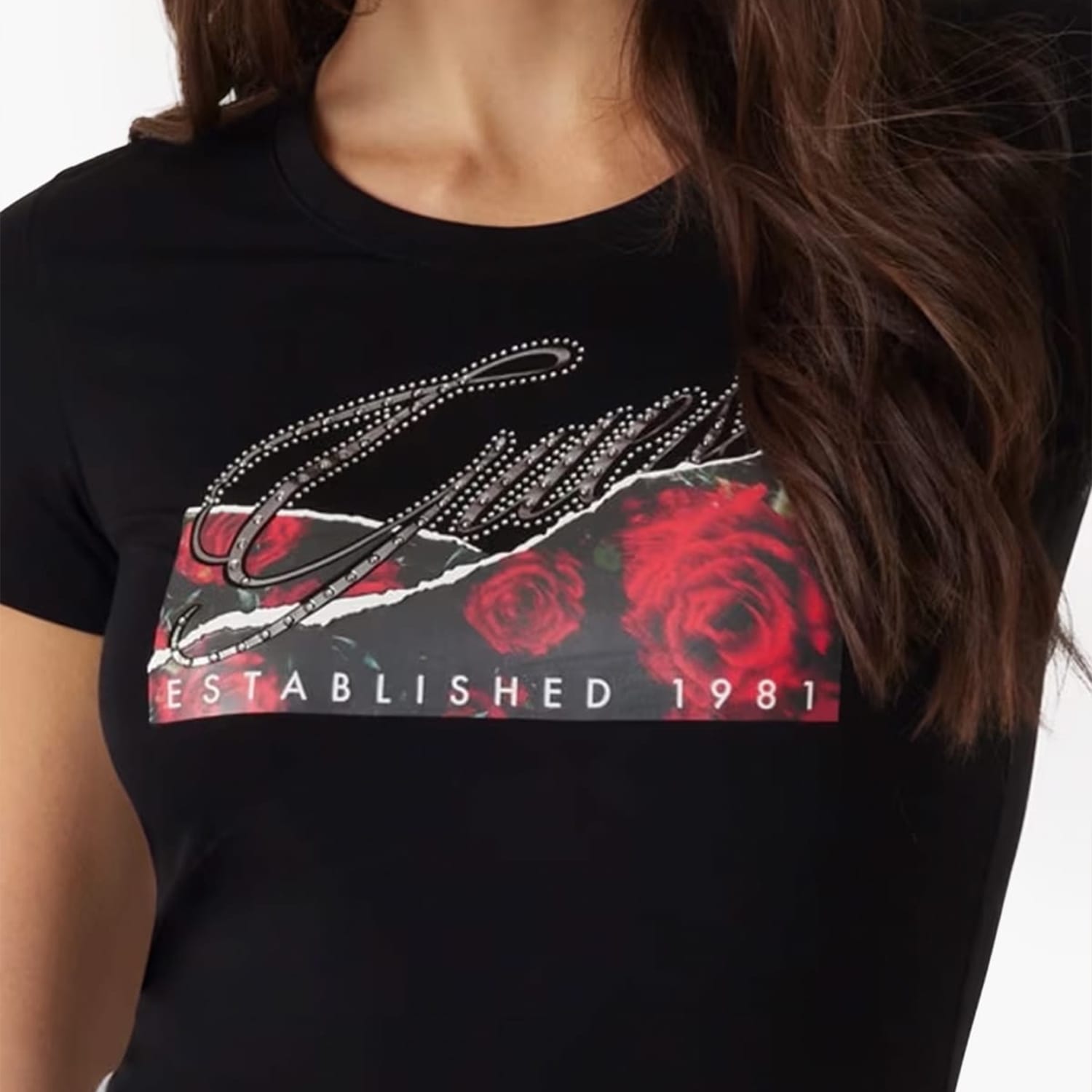 Γυναικείες Μπλούζες - Τοπ Roses.Print Μαύρο Βαμβάκι Guess