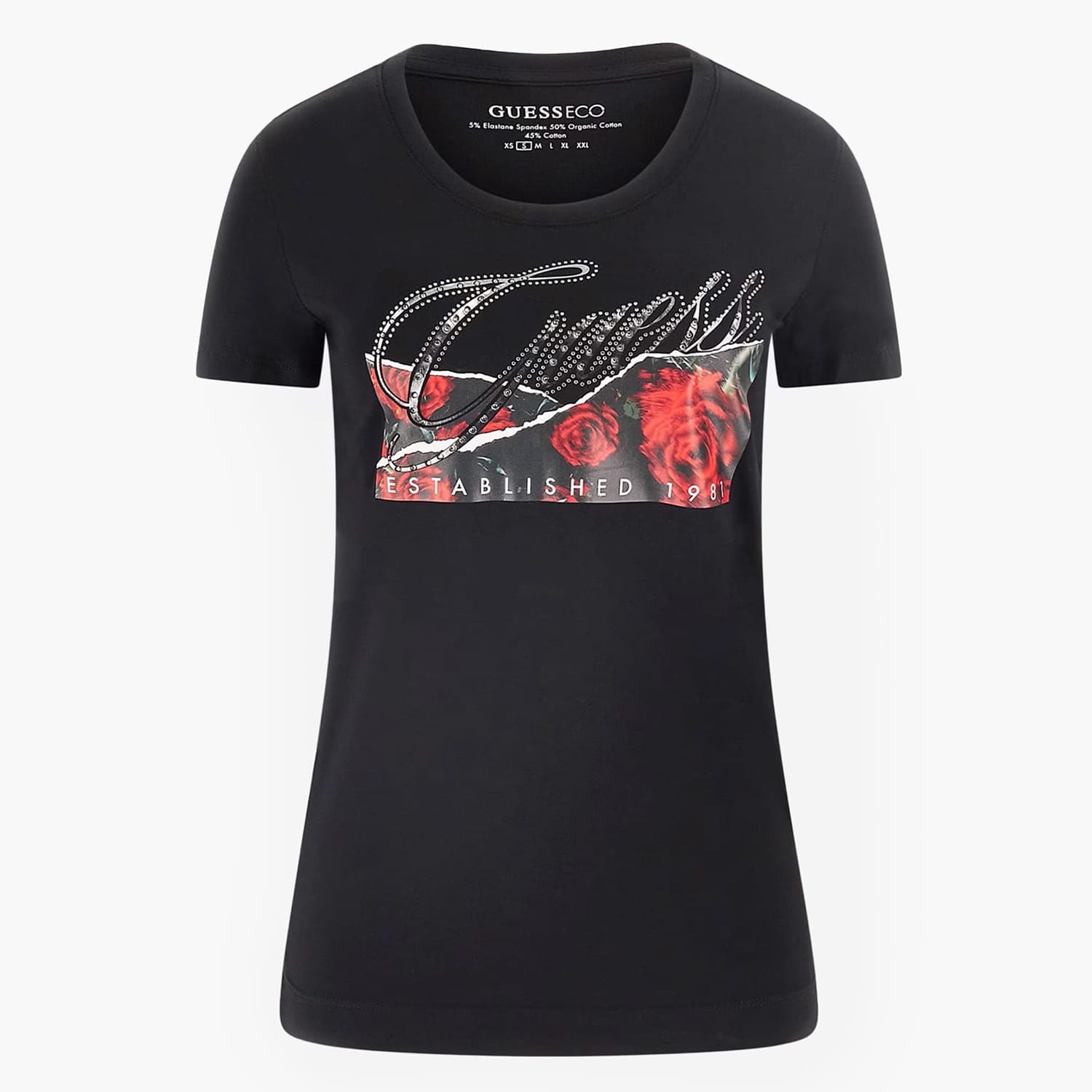 Γυναικείες Μπλούζες - Τοπ Roses.Print Μαύρο Βαμβάκι Guess