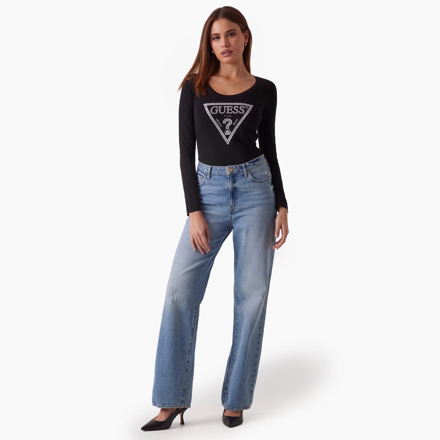 Women T-Shirts - Tops Shiny.Tee Black Cotton Guess Women T-Shirts - Tops Shiny.Tee Black Cotton Guess