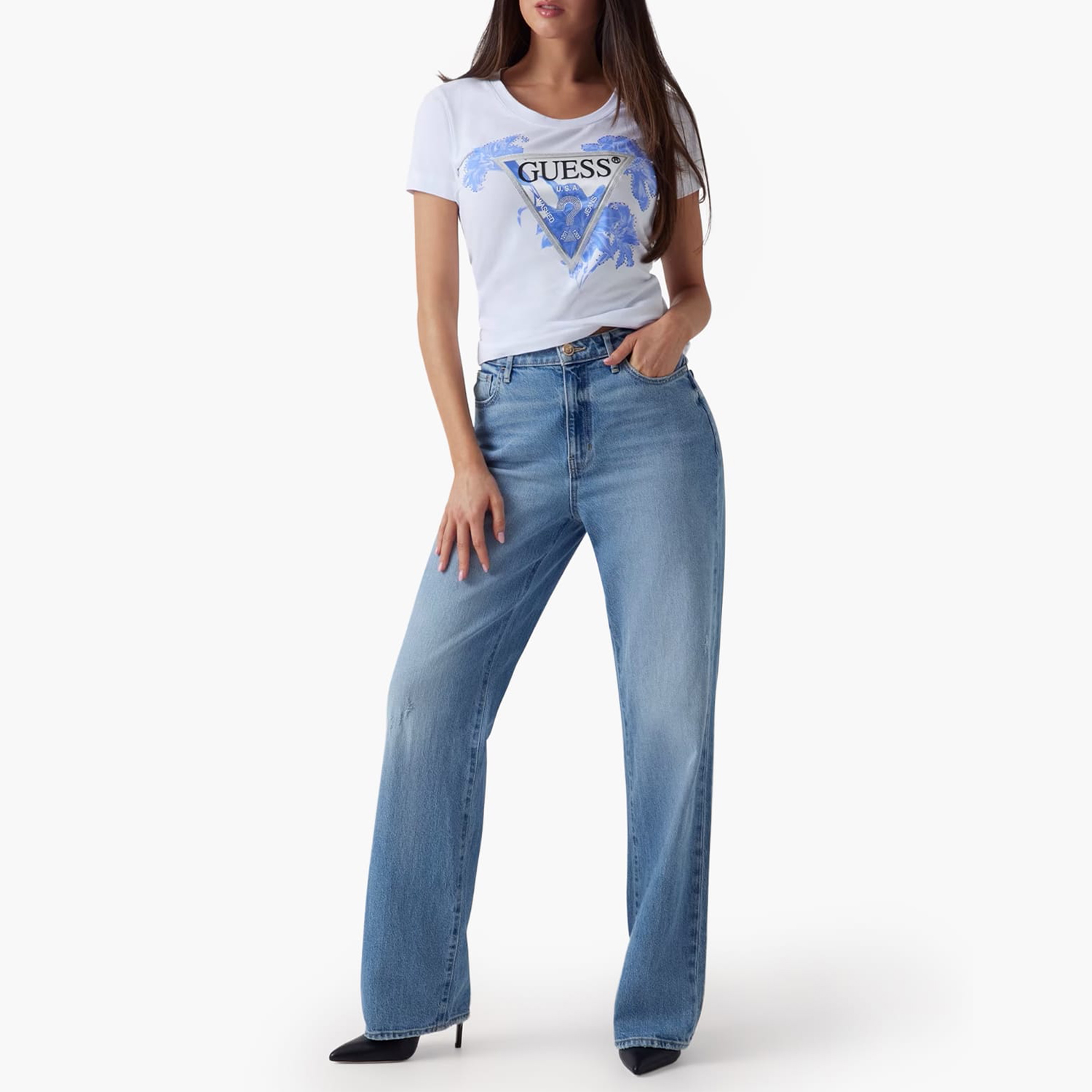 Women T-Shirts - Tops Tr.Flower White Cotton Guess
